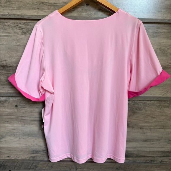 Sharon Anthony Dressy Pink V-neck Blouse NWT Cuffed Short Sleeves Women’s 1X - Picture 2 of 6